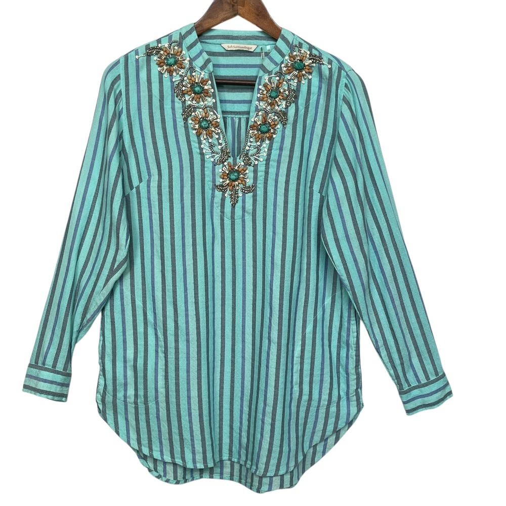 Soft Surroundings Embellished Tunic Top Womens XS Striped Long Sleeve
